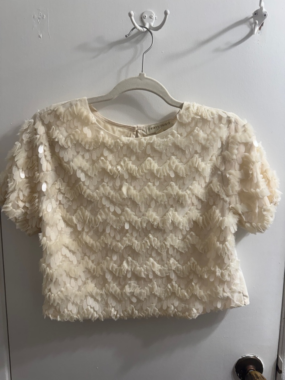 Cream Sequin & Fringe Crop Top